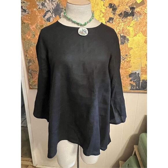Crown linen designs Lagenlook Black Bella Bell Sleeve Top 100% European linen Tu - Picture 3 of 7